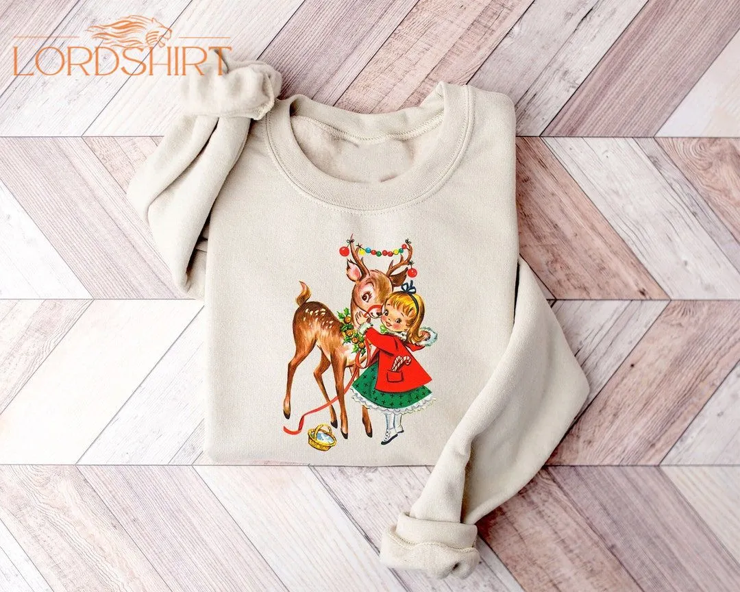 Vintage Christmas Girl And Reindeer Shirt Retro 1950's