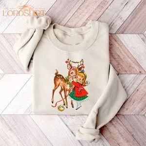 Vintage Christmas Girl And Reindeer Shirt Retro 1950's