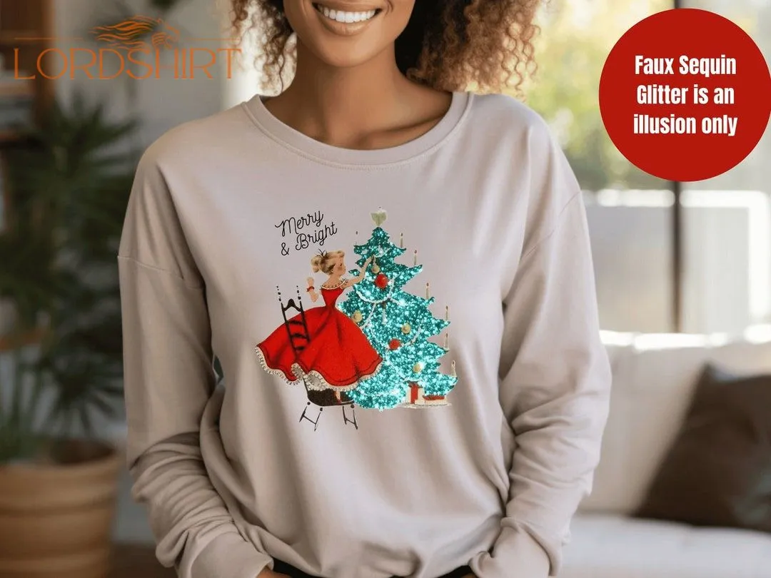 Vintage Christmas Girl T-shirt Faux Sequin Glitter Illusion