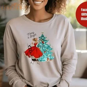 Vintage Christmas Girl T-shirt Faux Sequin Glitter Illusion