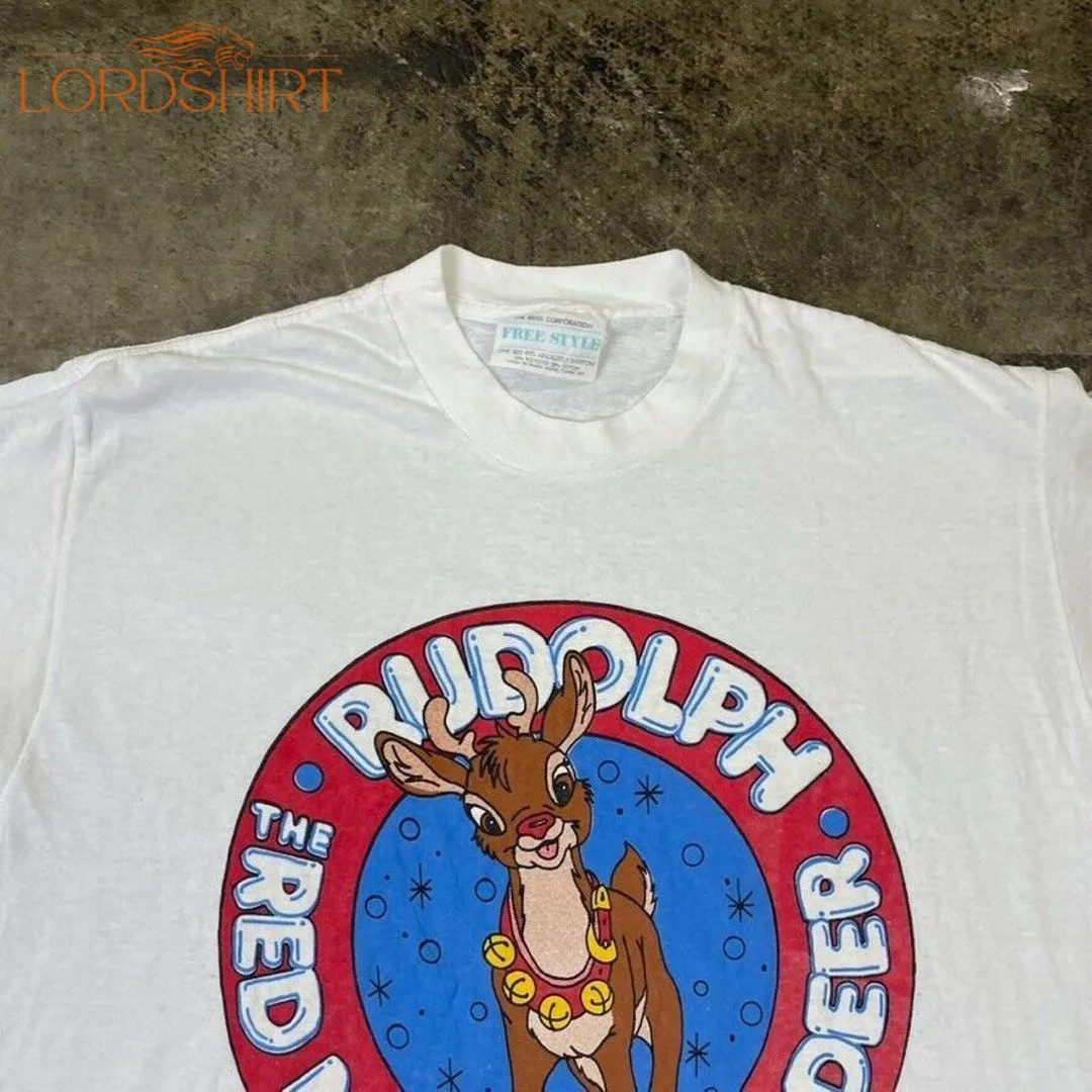 Vintage Rudolph T-shirt Graphic 80s Christmas Tee White Mens