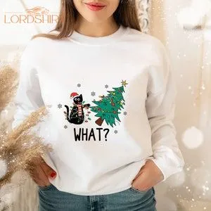 What Cat Christmas Tree Sweatshirt Funny Black Cat