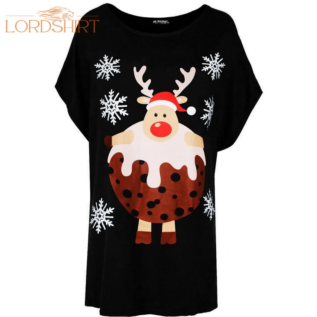 Women Ladies Baggy Oversize Reindeer Pudding Batwing Xmas