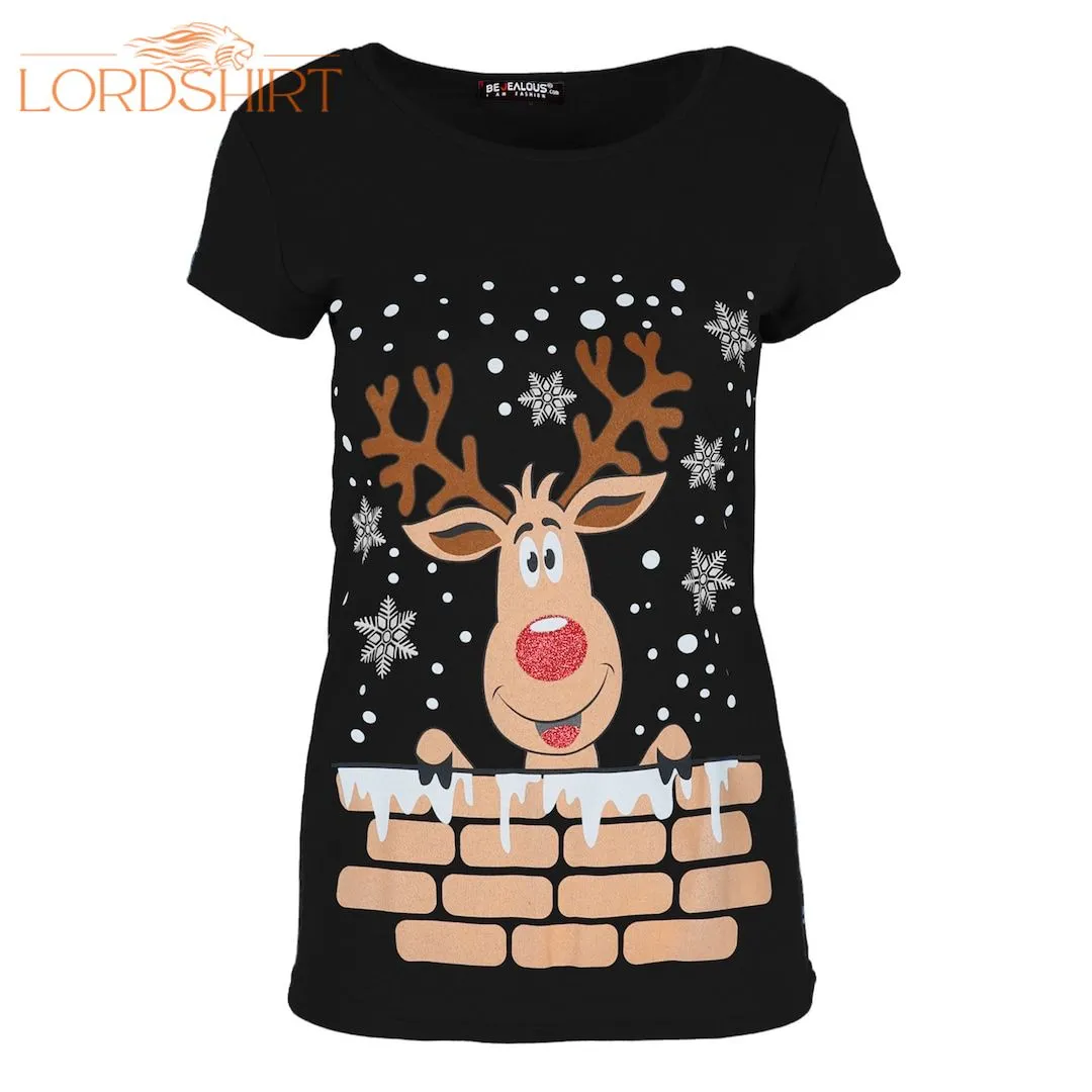 Womens Ladies Xmas Reindeer Wall Snowfall Jersey Stretch