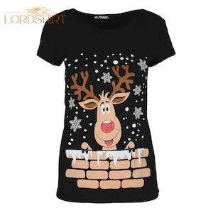 Womens Ladies Xmas Reindeer Wall Snowfall Jersey Stretch