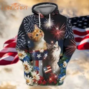 4th Of July Independence Day American Flag Cat And Flowers 3d All Over Print