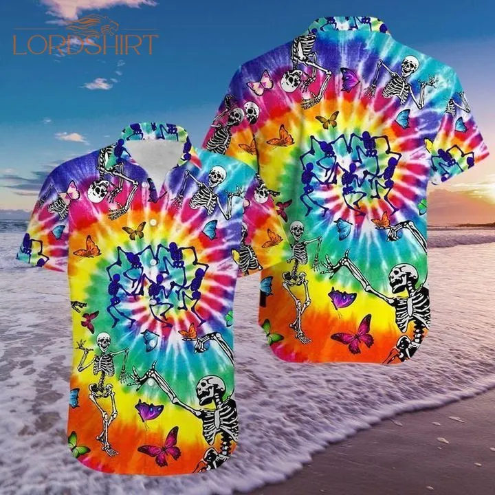 Amazing Tie Dye Dancing Skeletons Hawaiian Shirt