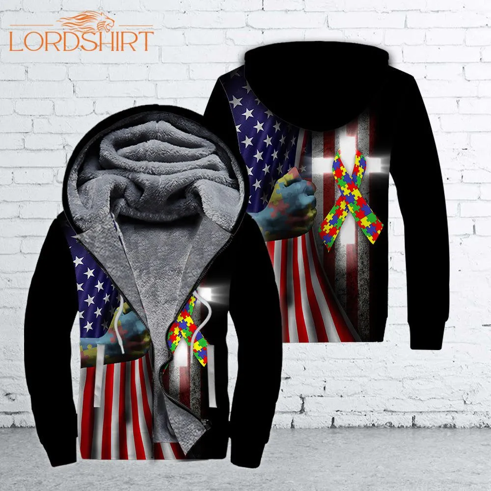 America Flag Autism Awareness Cross Cool Fleece Zip Hoodie All Over Print