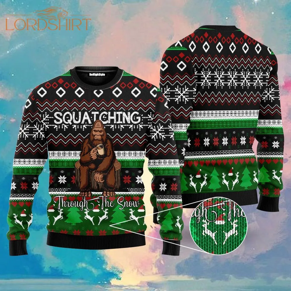 Bigfoot Squatching Through The Snow Ugly Christmas Sweater