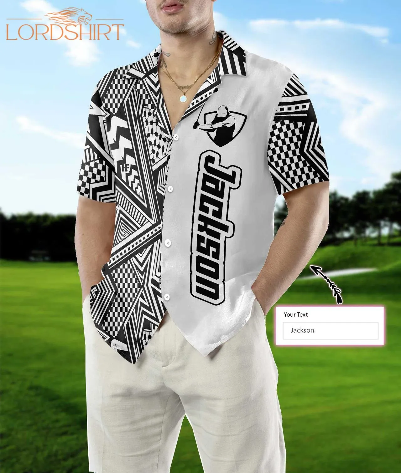 Black And White Modern Pattern Golfaholic Custom Name Hawaiian Shirt