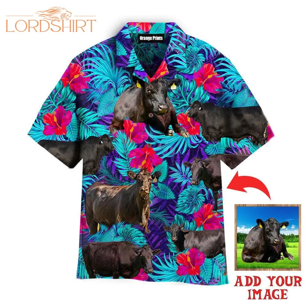 Black Angus Blue Neon Tropical Cattle Lovers Custom Photo Hawaiian Shirt