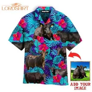 Black Angus Blue Neon Tropical Cattle Lovers Custom Photo Hawaiian Shirt