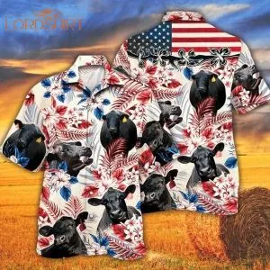 Black Angus Cow American Flag Hawaiian Shirt