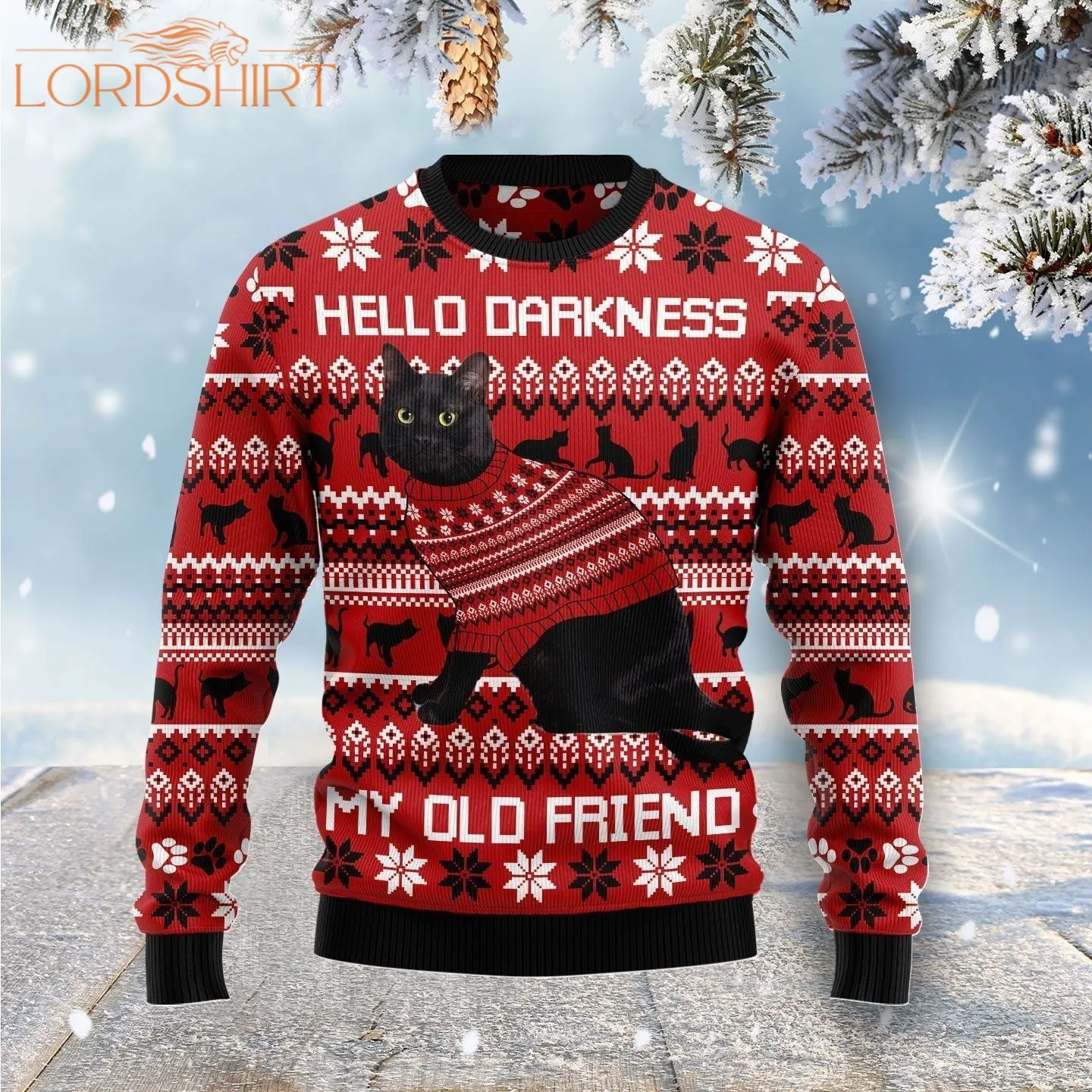 Black Cat Hello Darkness My Old Friend Ugly Christmas Sweater