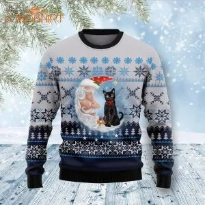 Black Cat Love Santa Moon Ugly Christmas Sweater