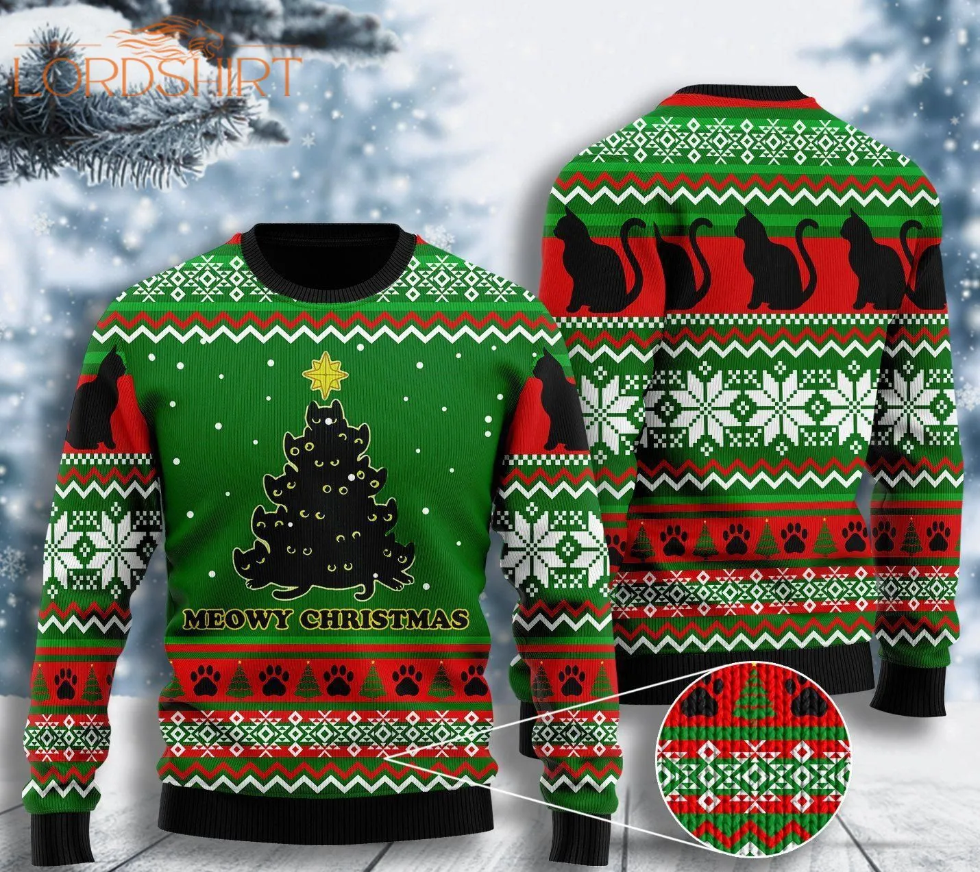 Black Cat Meowy Christmas Tree Ugly Christmas Sweater