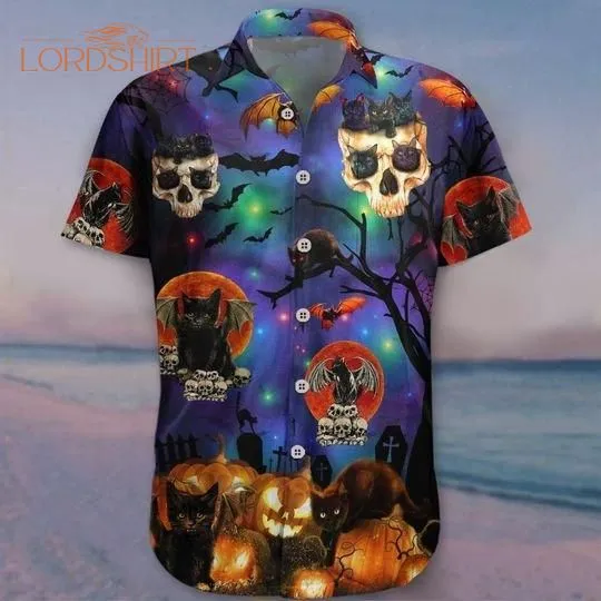 Black Cat Skull Halloween Hawaiian Shirt