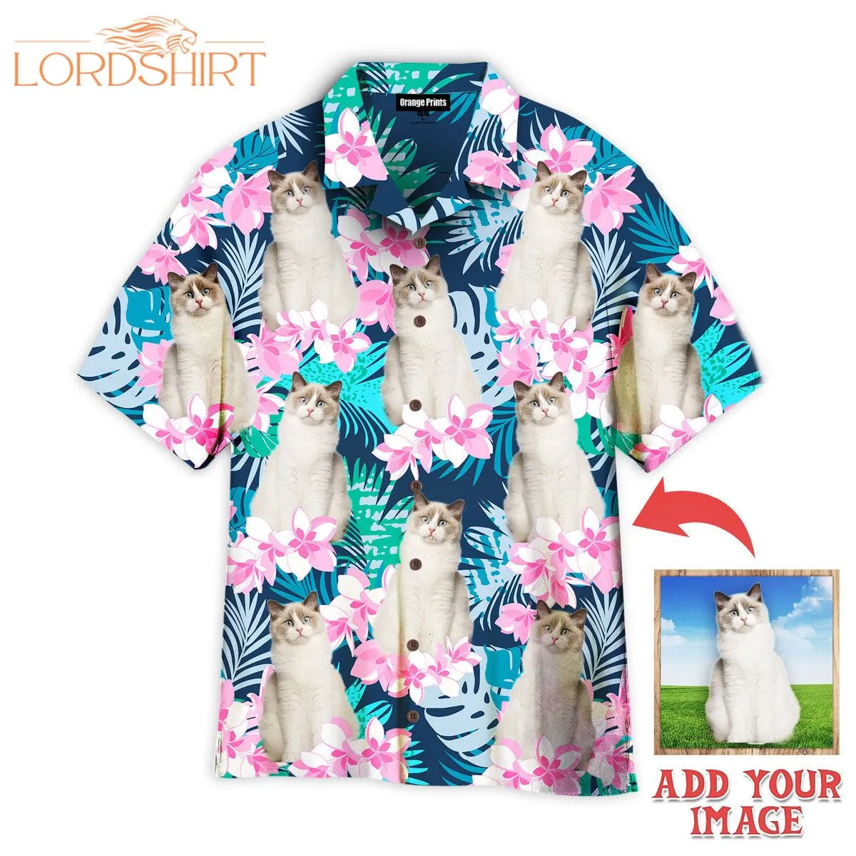 Cat And Beautiful Flower Tropical Custom Photo Hawaiian Shirt