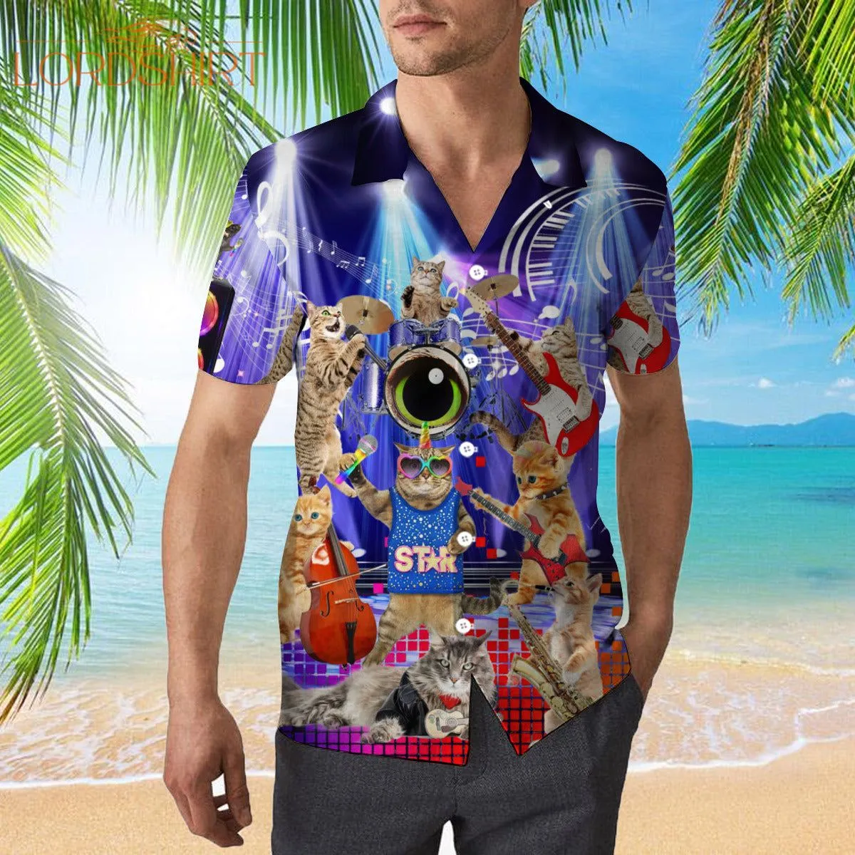 Cat Play Guitar Rocker Music Style Hawaiian Shirt