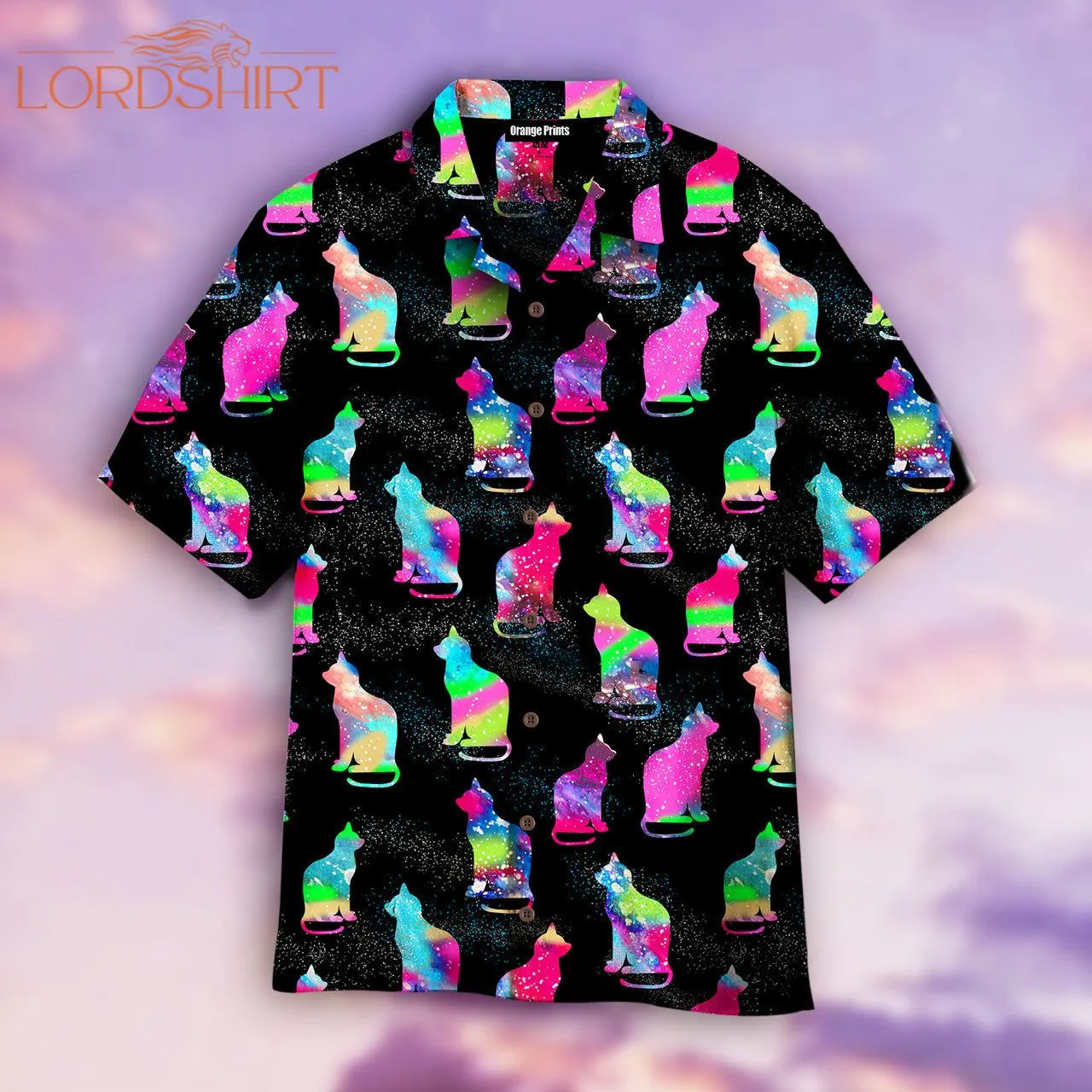 Cat Sits Silhouette Of A Bright Galaxy Hawaiian Shirt