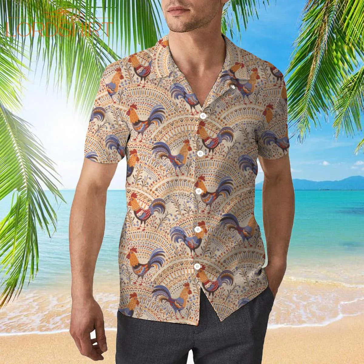 Chicken Roosters In Floral Ornament On A Beige Native Pattern Hawaiian Shirt