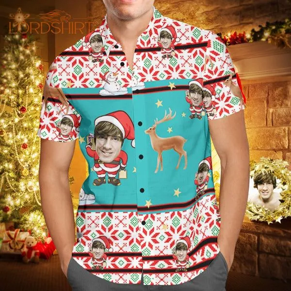 Christmas Hawaiian Shirt Santa Claus And Reindeer Custom Photo Hawaiian Shirt