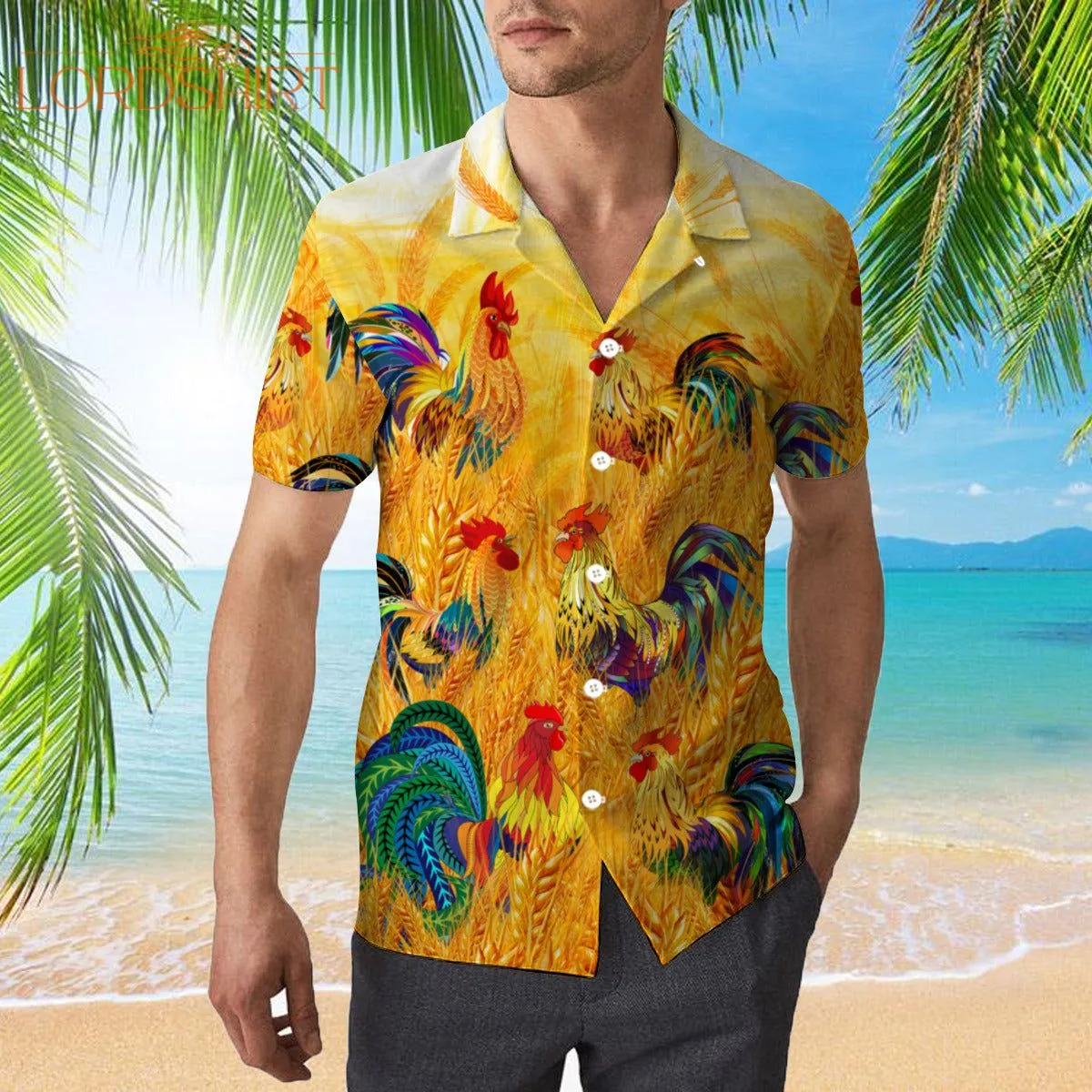 Colorful Rooster Chicken In The Golden Paddy Field Hawaiian Shirt