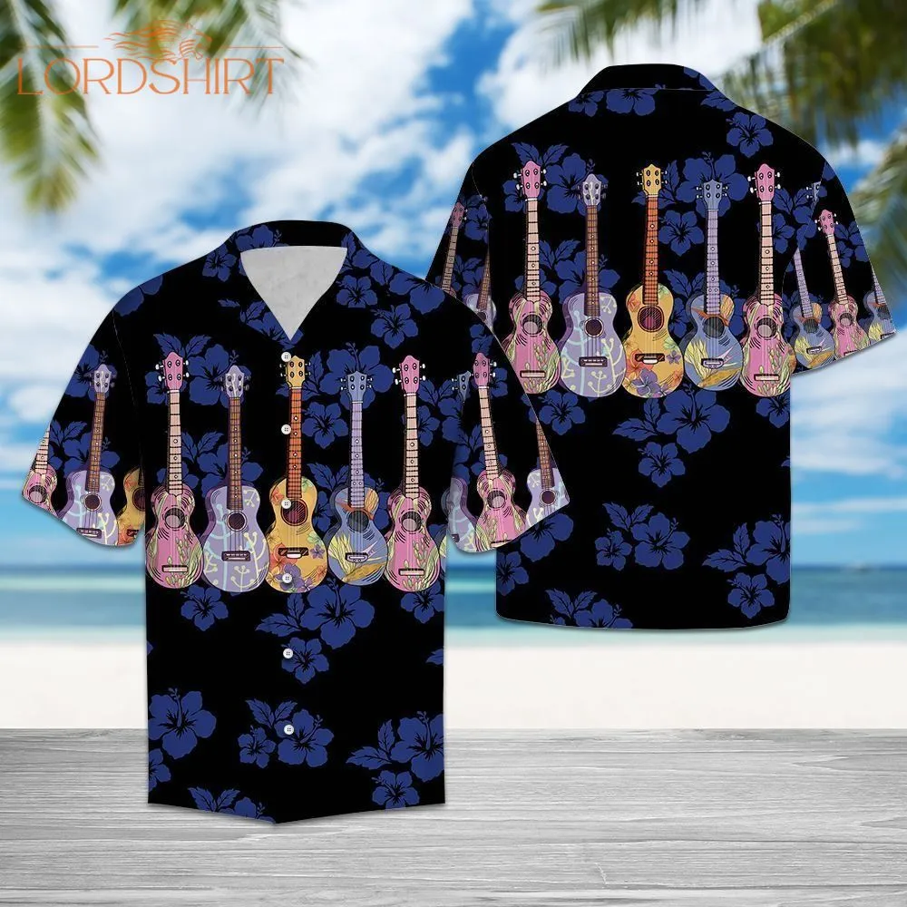 Colorful Ukulele For Vacation Black Navy Hawaiian Shirt