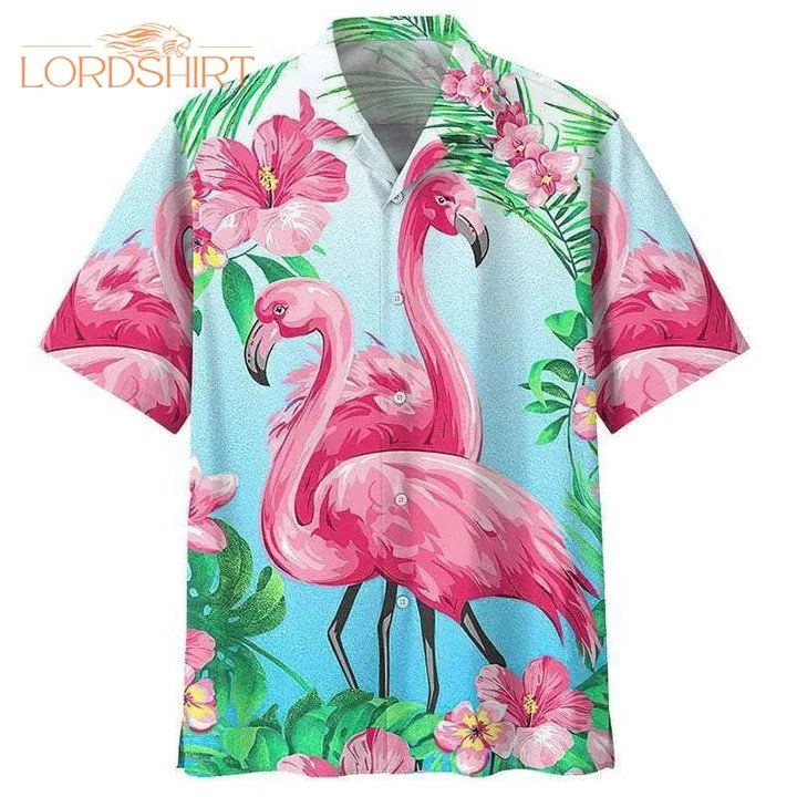 Couple Flamingo Tropical Pink Blue Hawaiian Shirt