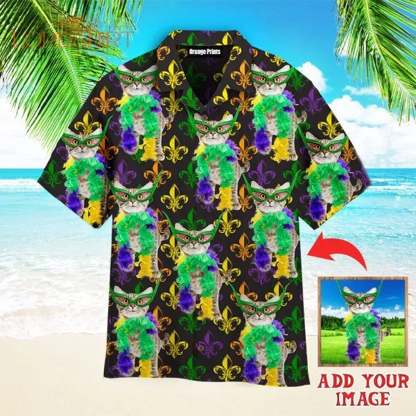 Custom Your Cat Mardi Gras Carnival Fleur De Lis Custom Photo Hawaiian Shirt