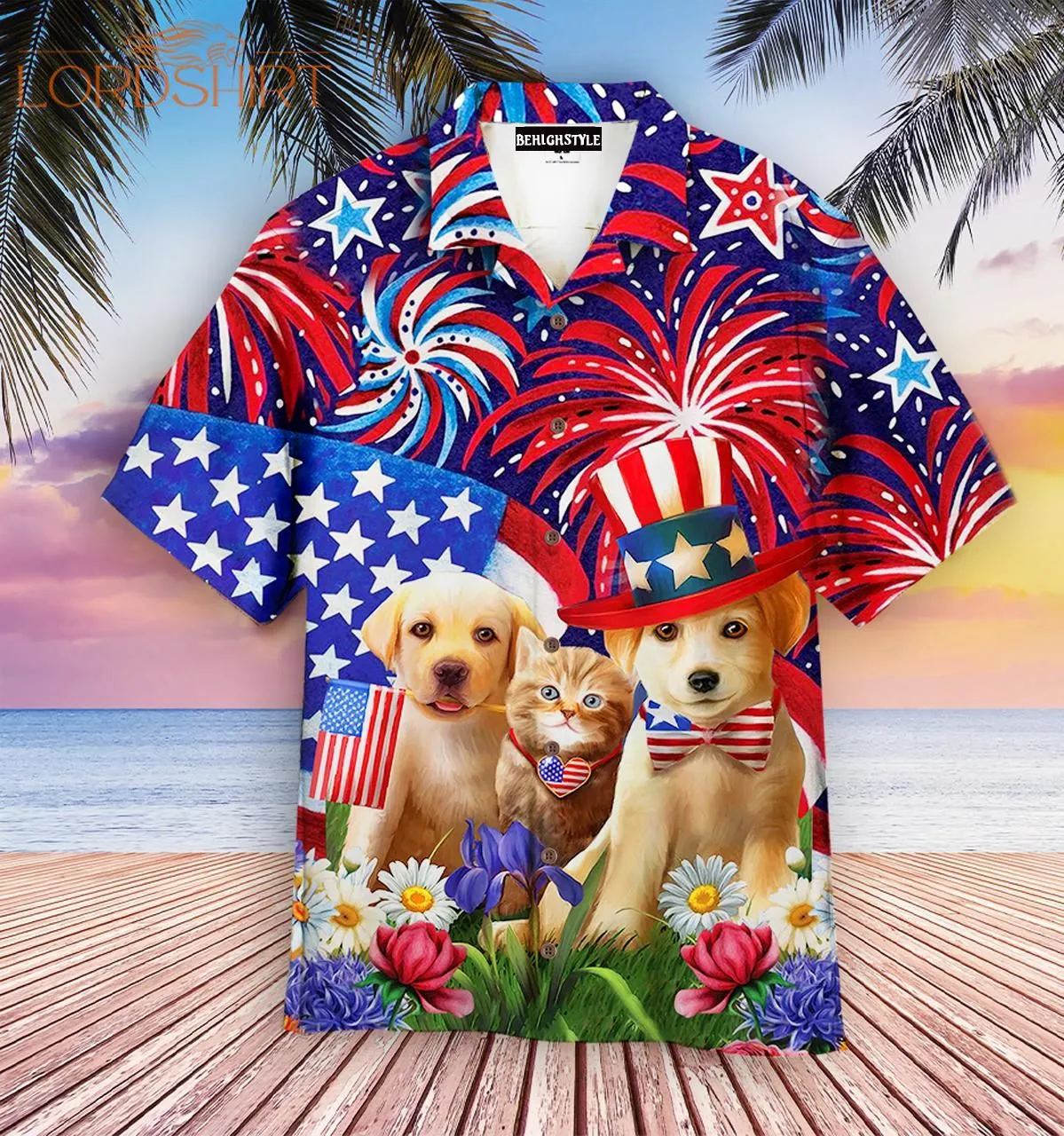 Dogs Love American Flag Firework Hawaiian Shirt