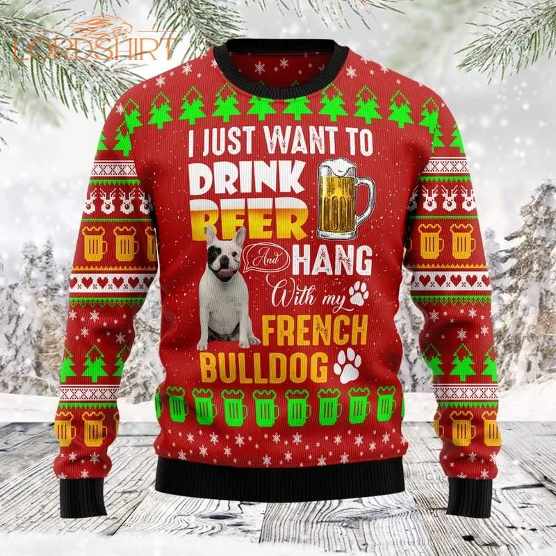 Drink Beer With French Bulldog Ugly Christmas Sweater