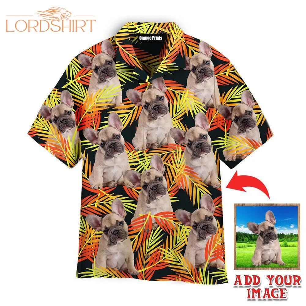 French Bulldog Sitting Up Fern Leaves Seamless Custom Photo Hawaiian Shirt