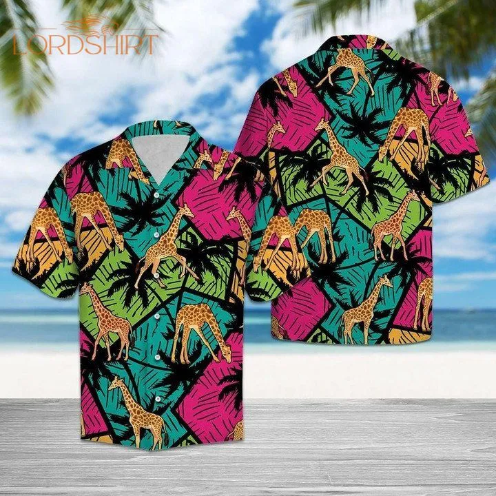 Giraffe Coconut Palm Tree Hawaiian Shirt