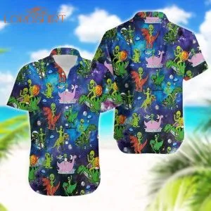 Hippie Trippy Alien Riding Dinosaur Tie Dye Hawaiian Shirt