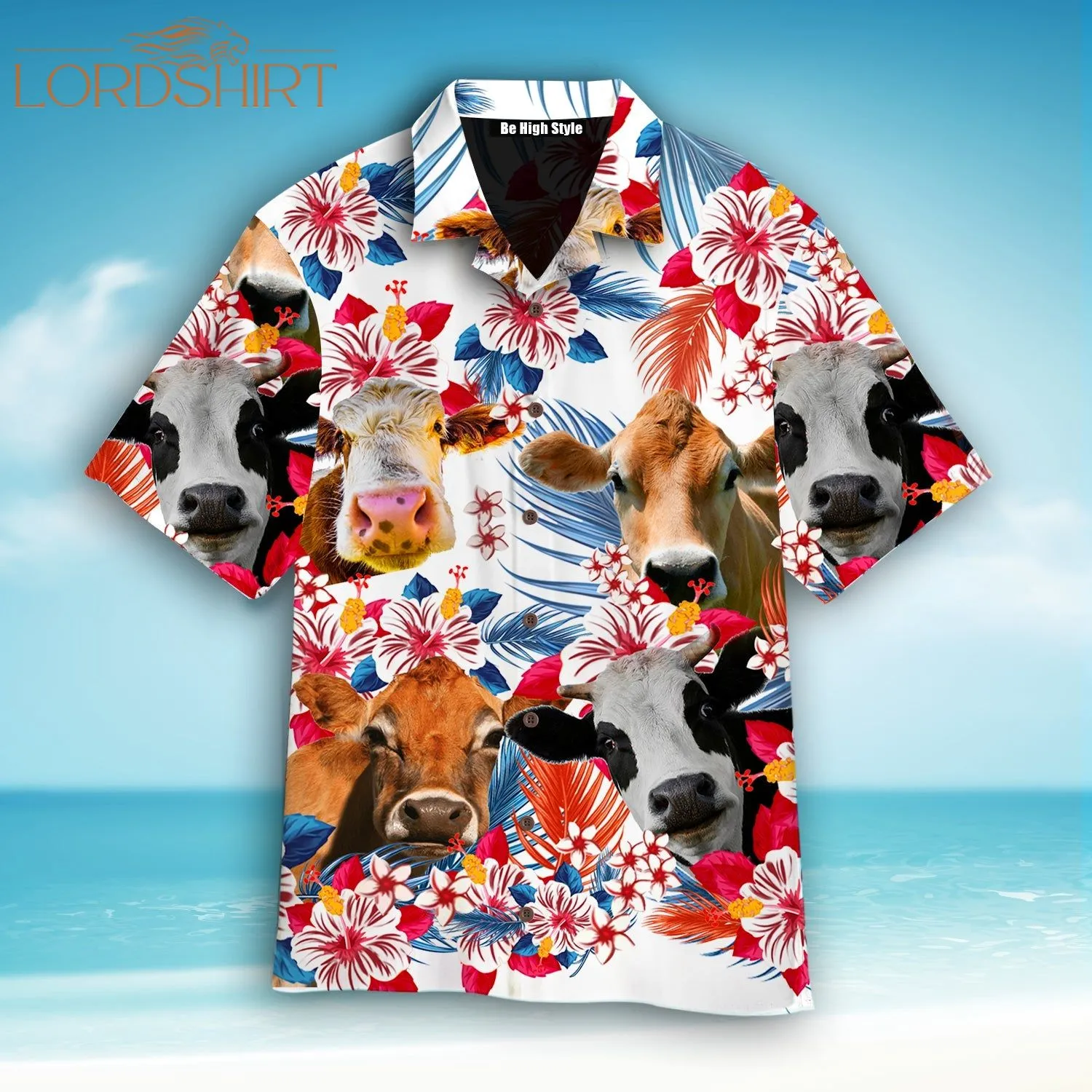 Jersey Cattle With American Flag Tropical Plant Pattern Hawaiian Shirt