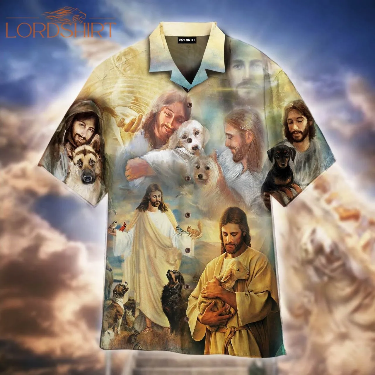 Jesus Hugging Dogs Aloha Hawaiian Shirt