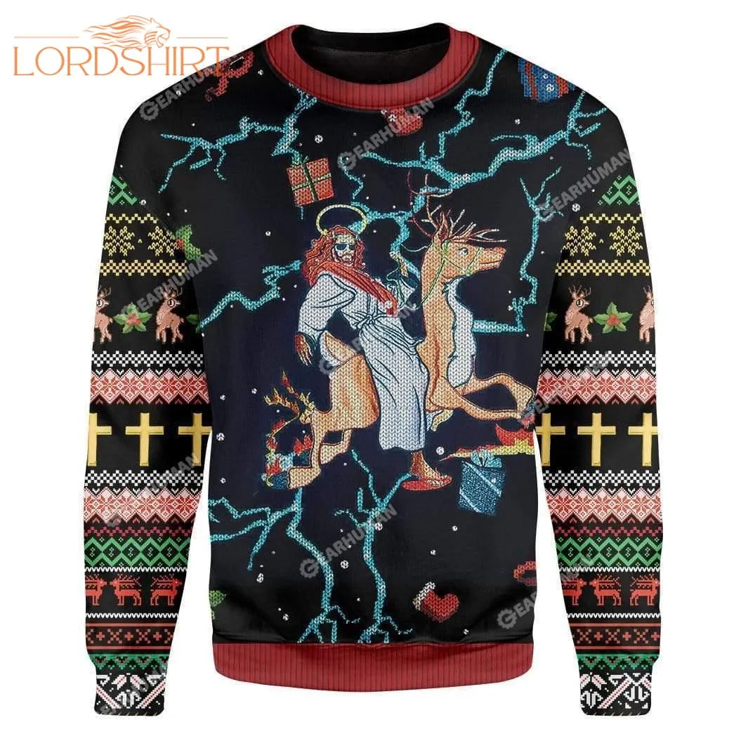 Jesus Riding Reindeer Ugly Christmas Sweater