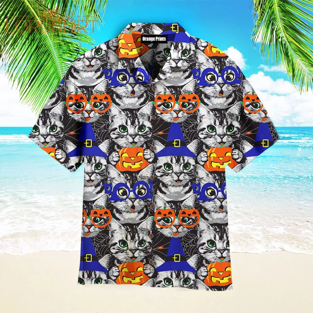 Kittens Face Witch Hat Pumpkin Halloween Hawaiian Shirt