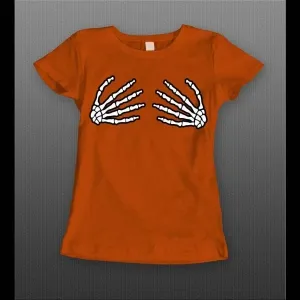 Naughty Skeleton Hands On Boobs Ladies Halloween Shirt