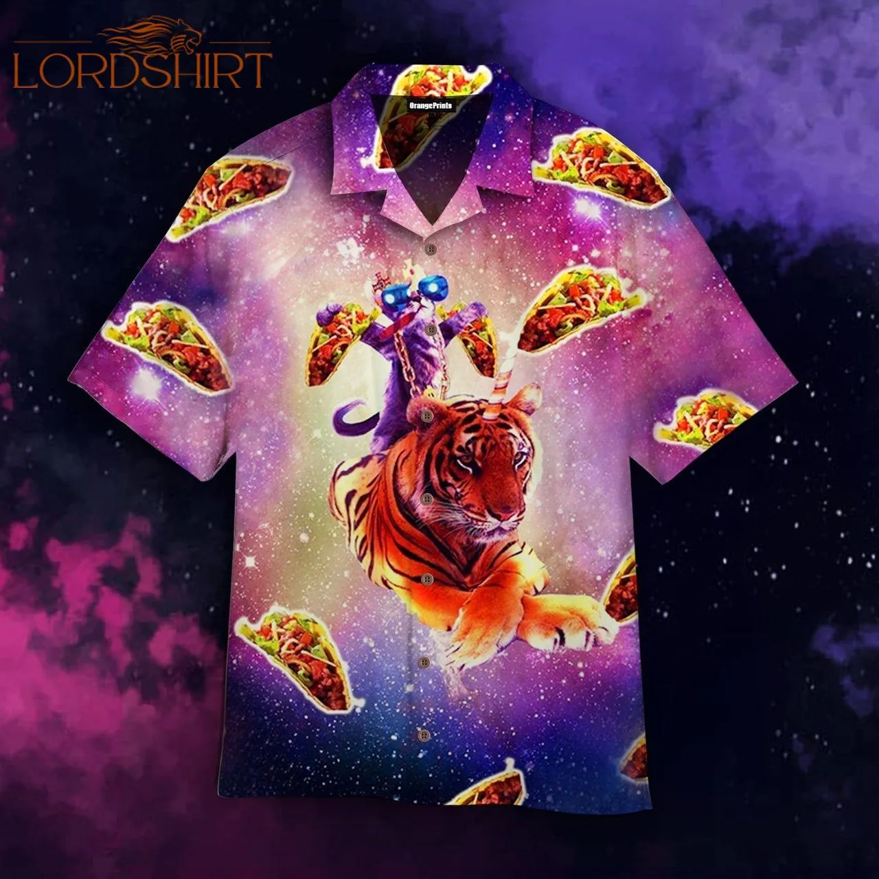 Outer Space Galaxy Funny Cat Pimp Daddy On Tiger Unicorn Flying Tacos Aloha Hawaiian Shirt