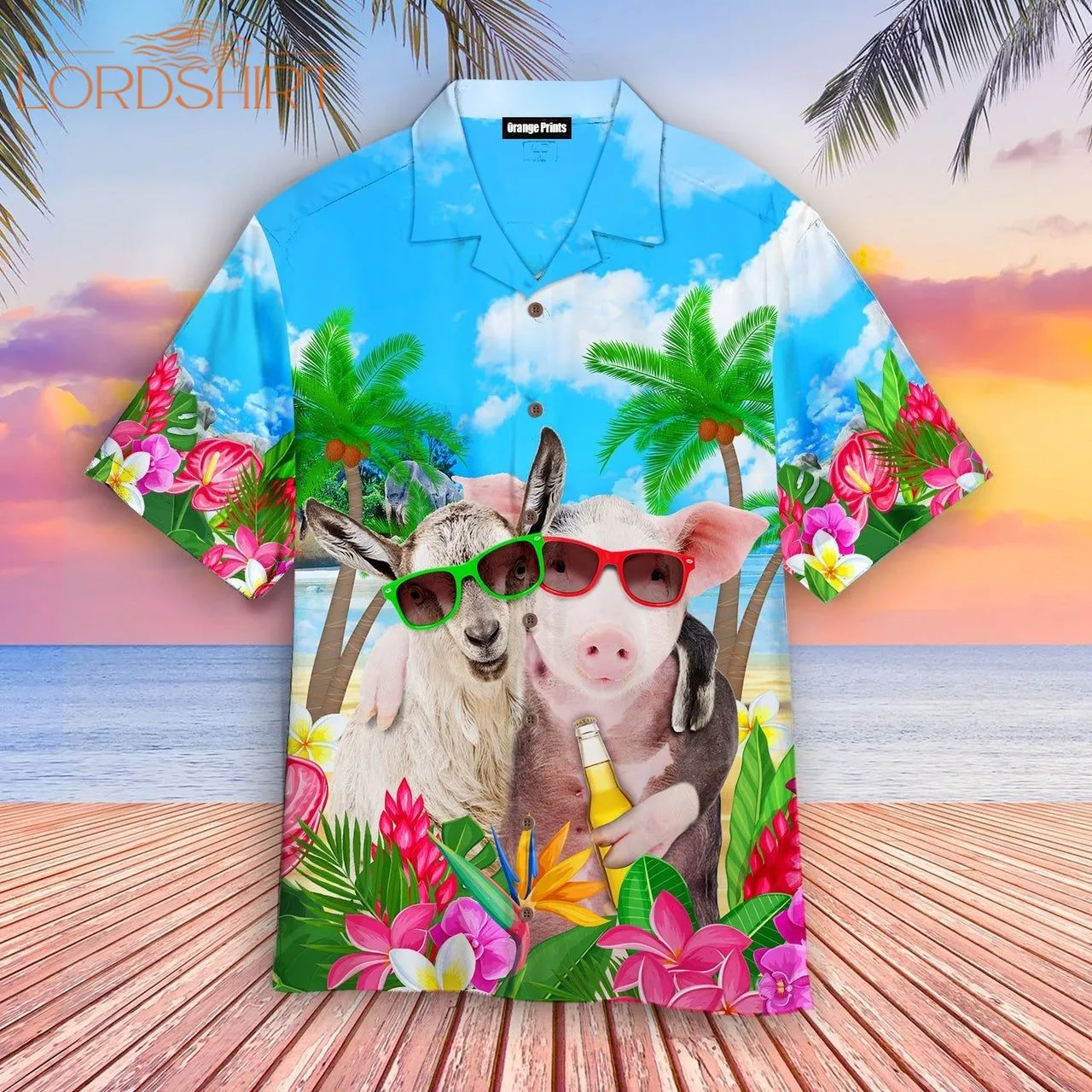 Pig And Goat In Sunglasses While Drinking Beer Aloha Hawaiian Shirt