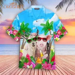 Pig And Goat In Sunglasses While Drinking Beer Aloha Hawaiian Shirt