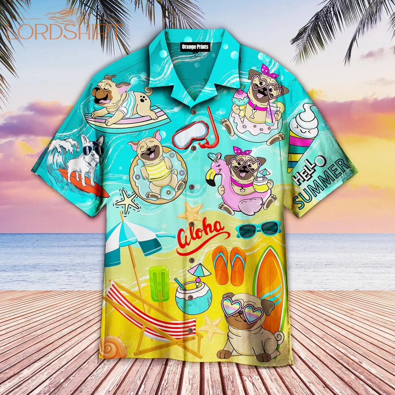 Pug Dogs Beach Hello Summer Aloha Hawaiian Shirt