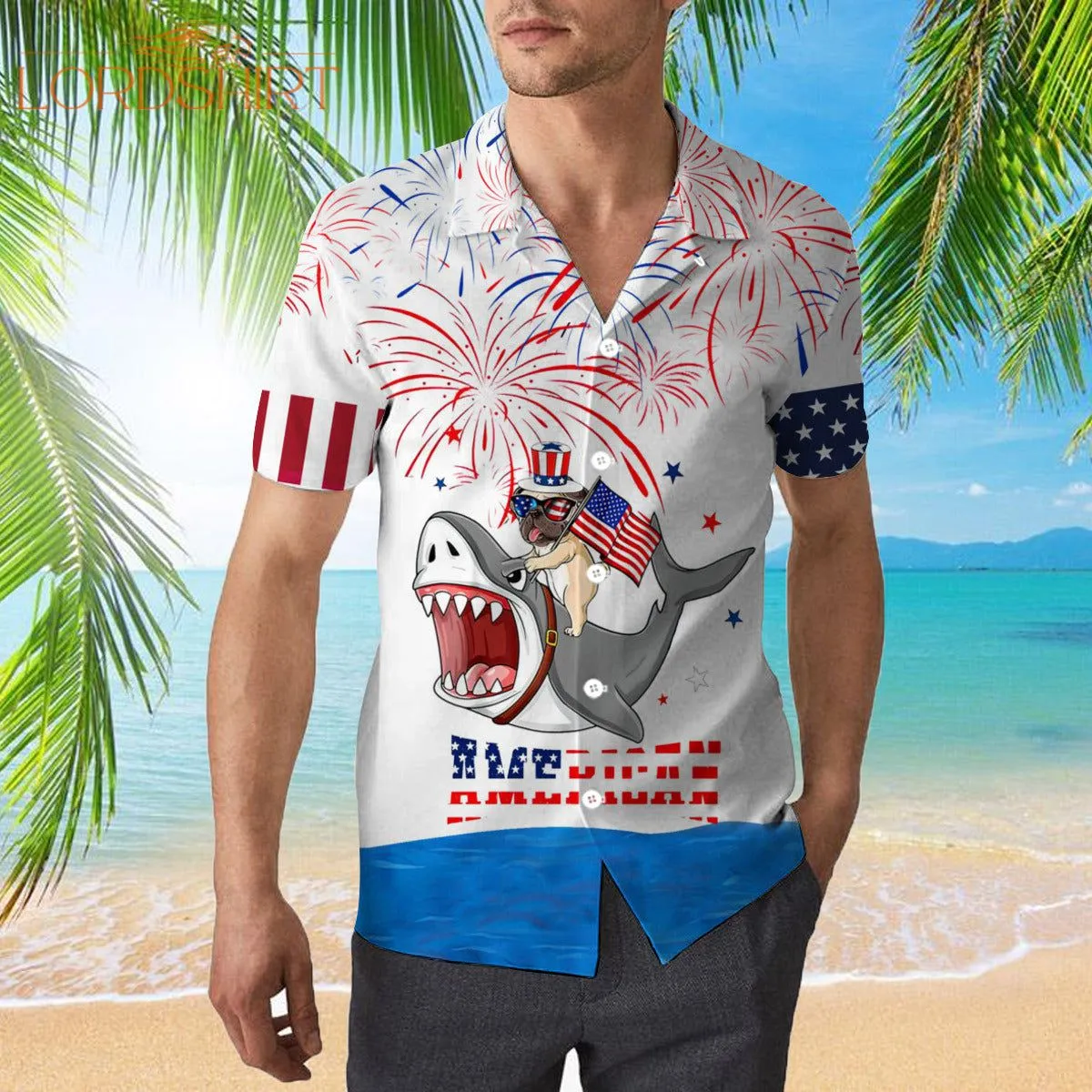 Puppy Riding Shark With American Flag Firework Hawaiian Shirt