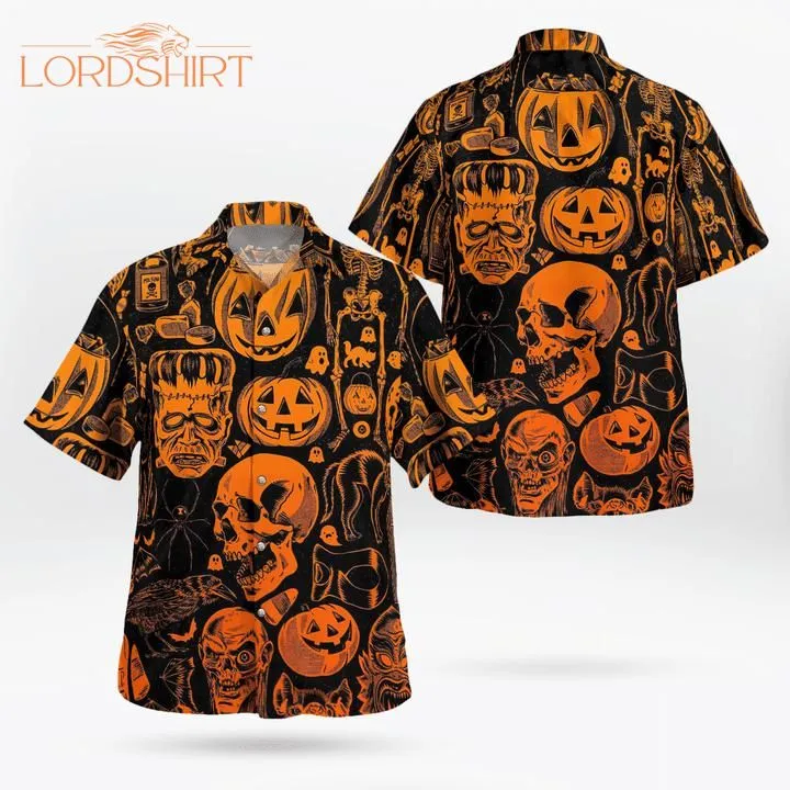 Scary Halloween Villain Symbols Pumpkin Skull Spooky Hawaiian Shirt