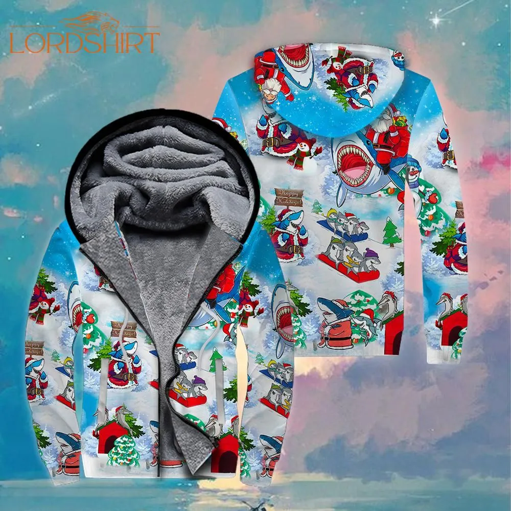 Shark Merry Christmas Fleece Zip Hoodie All Over Print