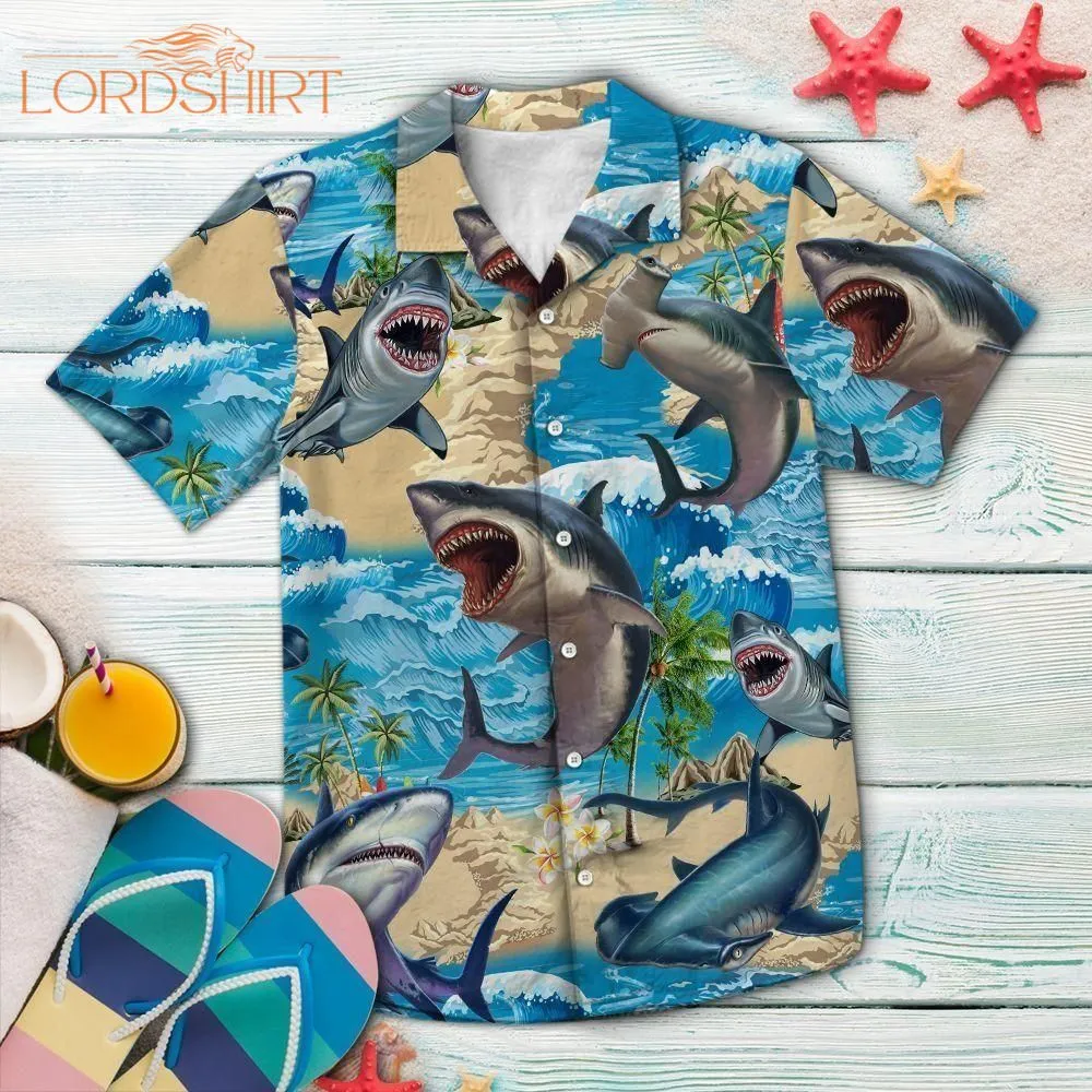 Shark Summer Vacation Blue Unique Hawaiian Shirt