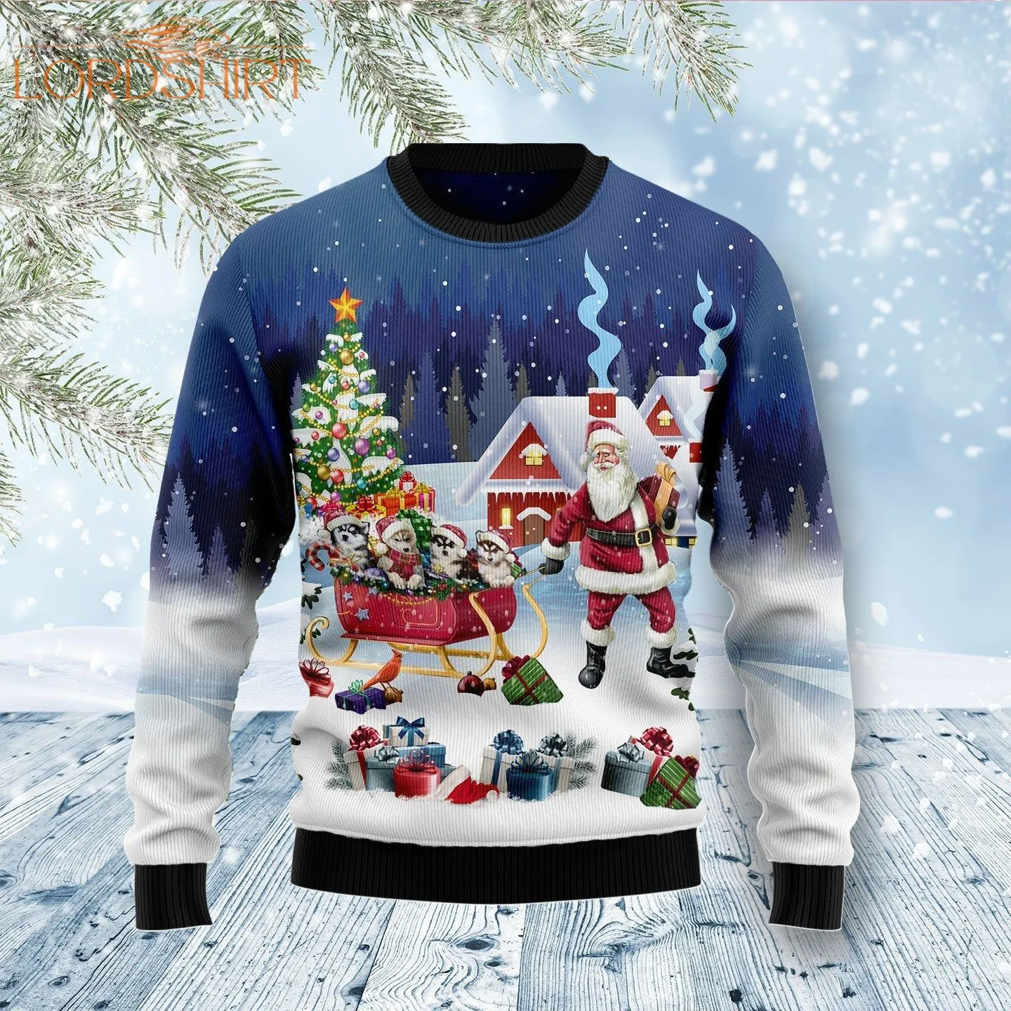 Siberian Husky Dog Santa Sled Ugly Christmas Sweater