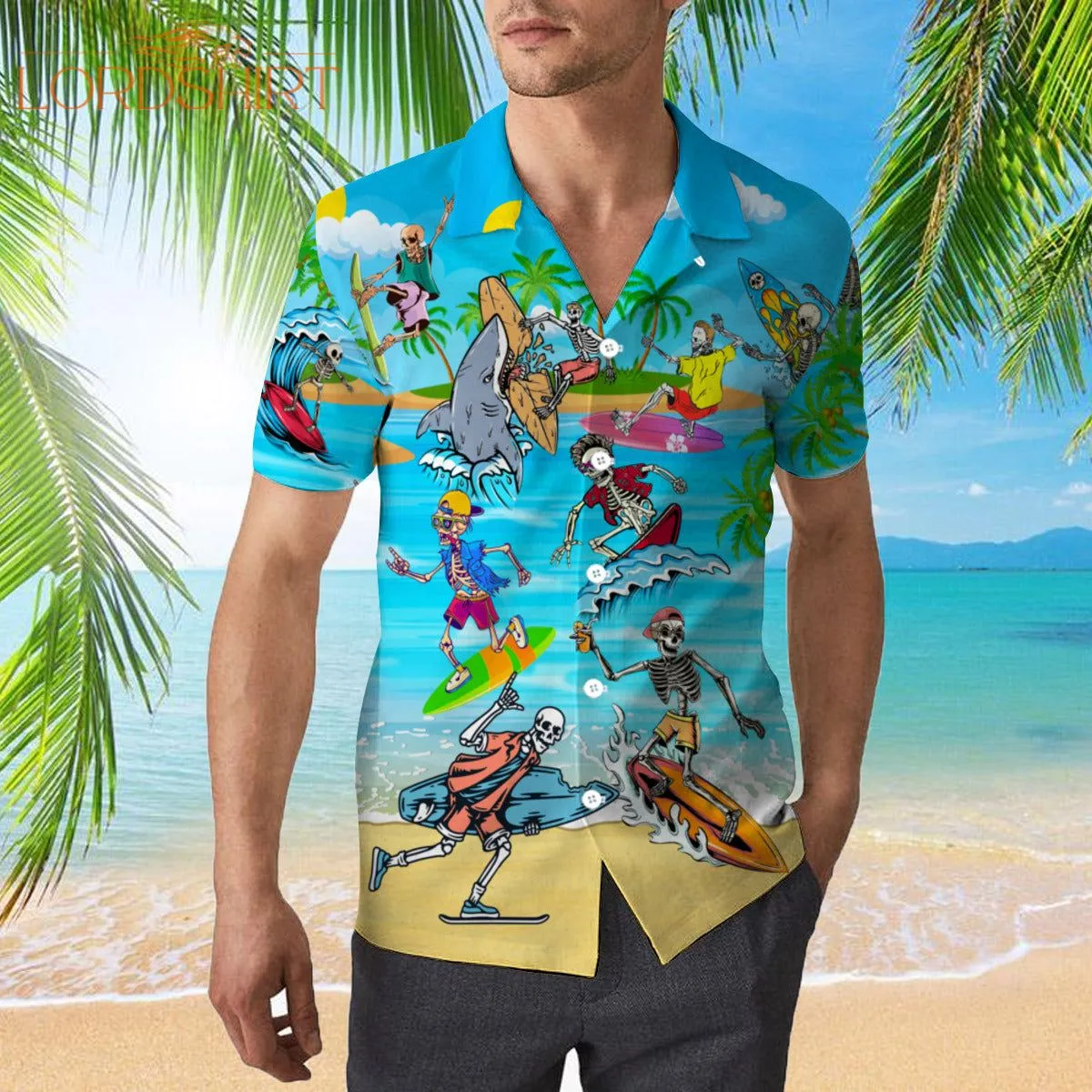 Skull Surfing In Summer Hawaiian Shirt